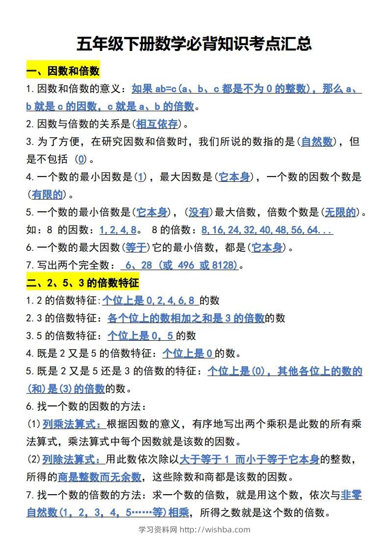 五年级下册数学开学必背知识考点-学习资料站