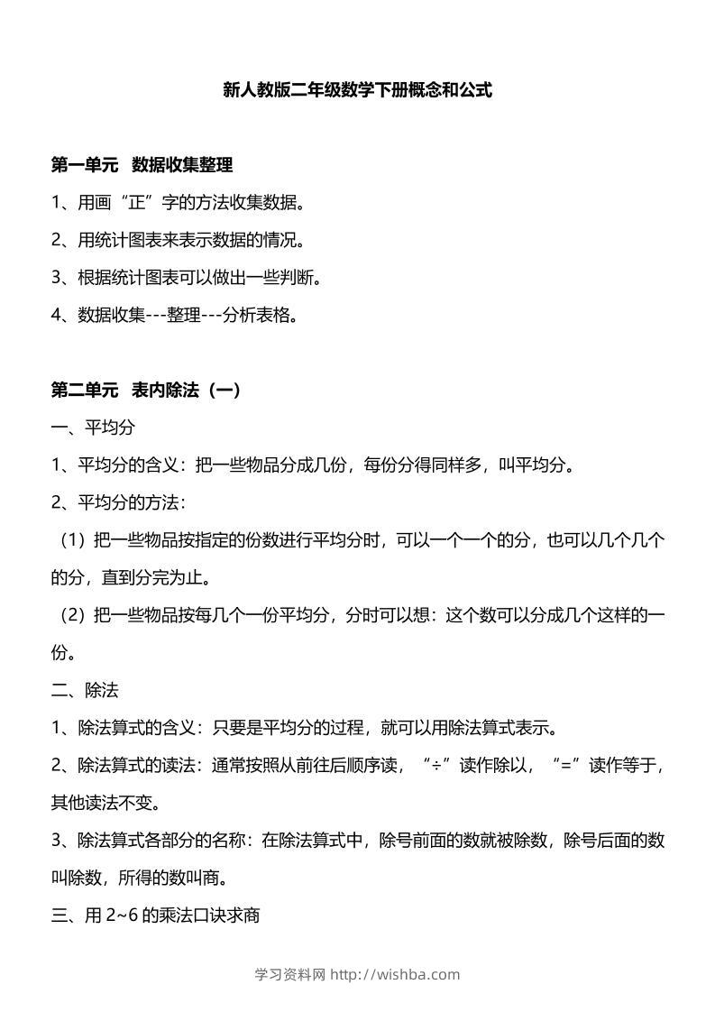 人教版二下数学重要概念和公式汇总-学习资料站