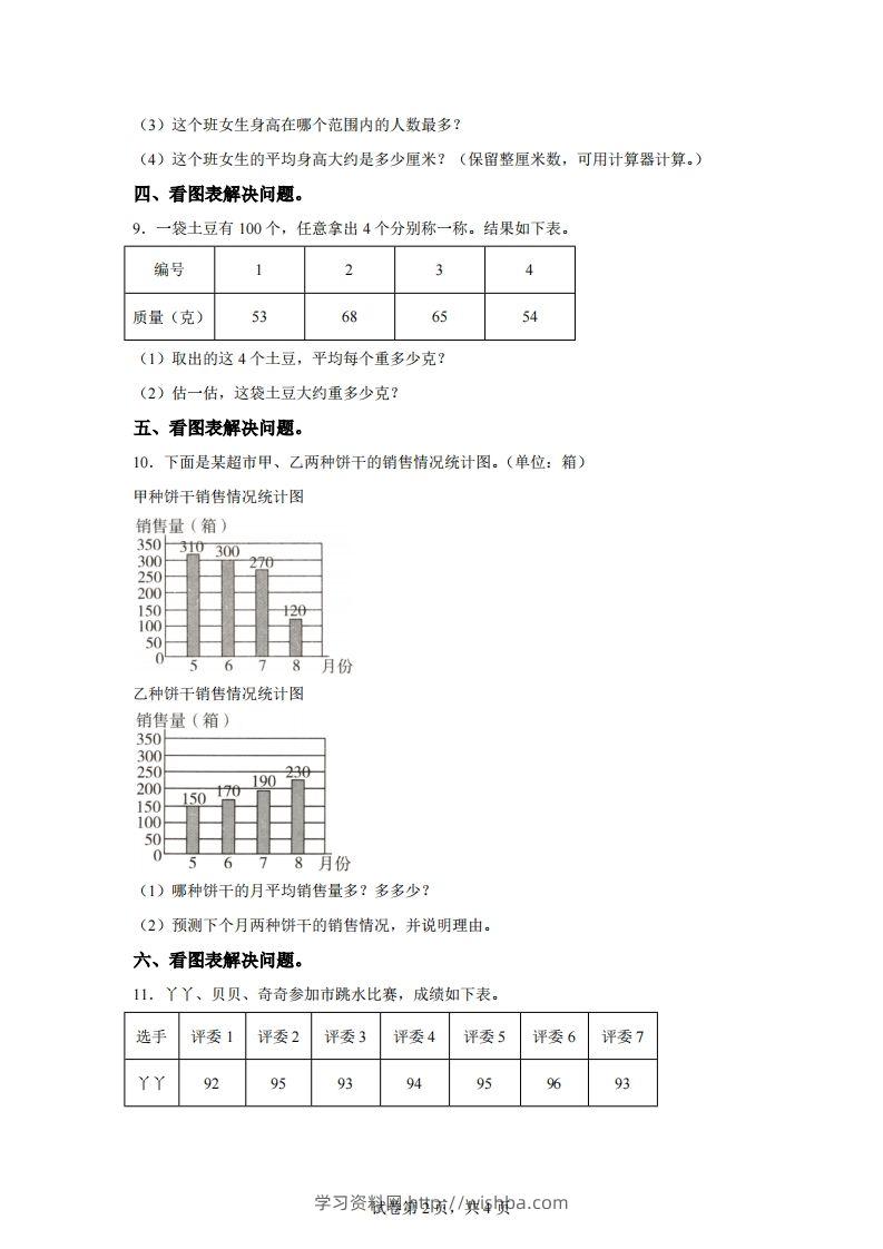 图片[2]-青岛版63数学四年级下册第八单元《平均数》综合能力检测卷-学习资料站