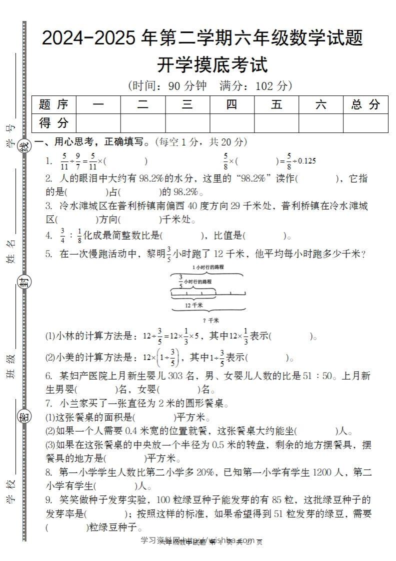 2024-2025年第二学期六下数学开学摸底试题人教-学习资料站