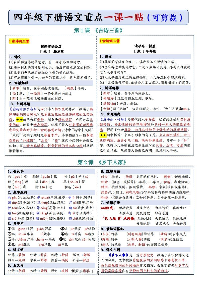 图片[2]-四年级下语文彩色重点一课一贴-学习资料站