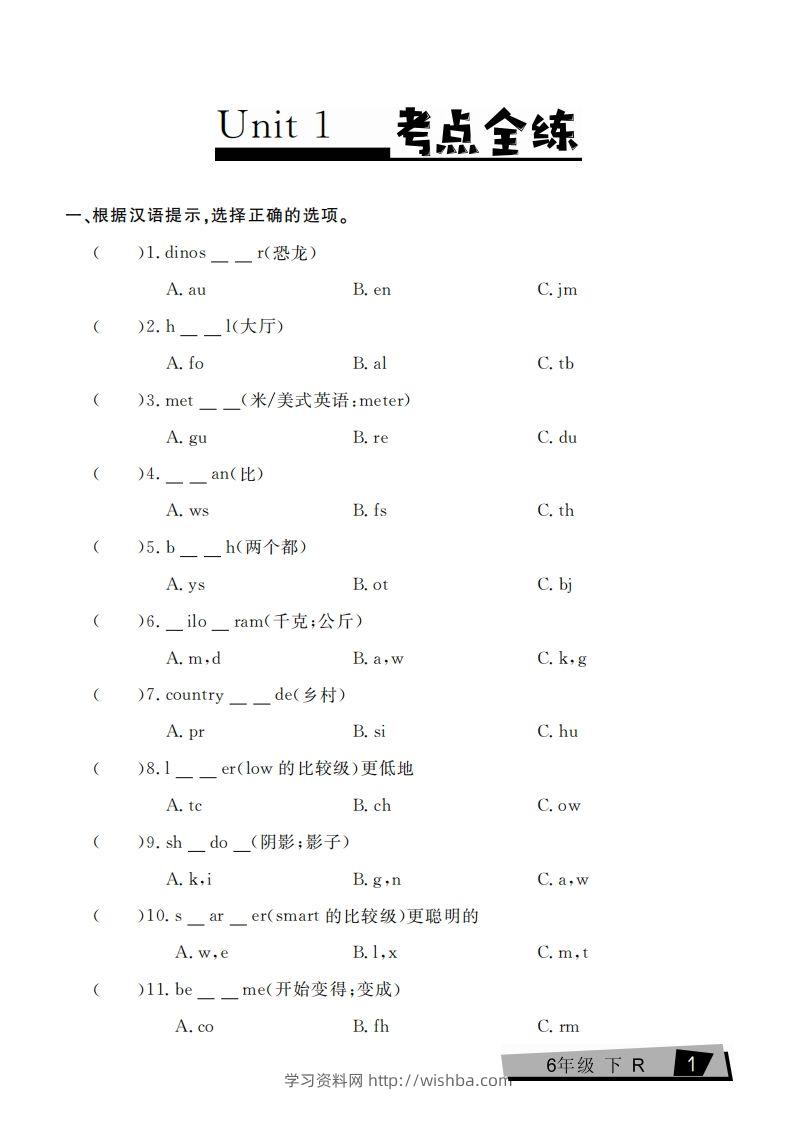 六下英语复习《考点全练》人教PEP版-学习资料站