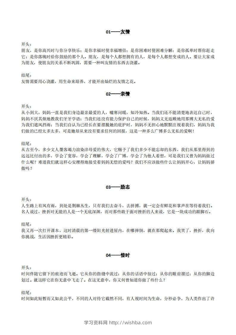六下语文【作文素材】20类作文开头+结尾的优美段落-学习资料站