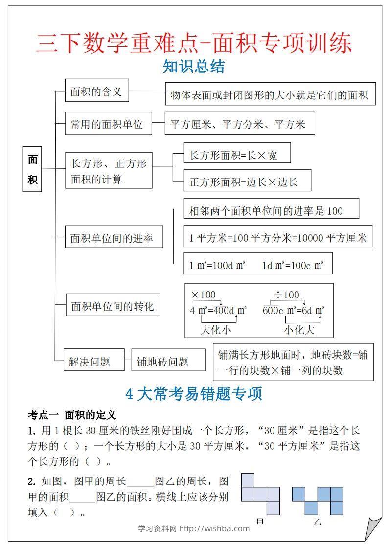 【重难点-面积专项训练】三下数学含答案5页-学习资料站