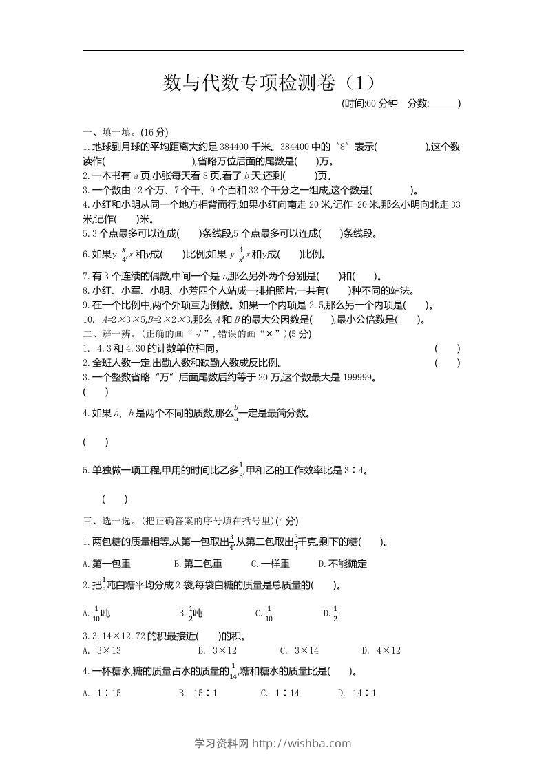六下青岛63版数学期末数与代数专项检测卷（1）-学习资料站