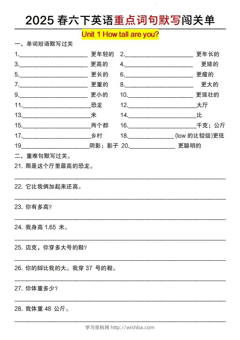 2025春六下英语重点词句默写闯关单【人教pep版】-学习资料站