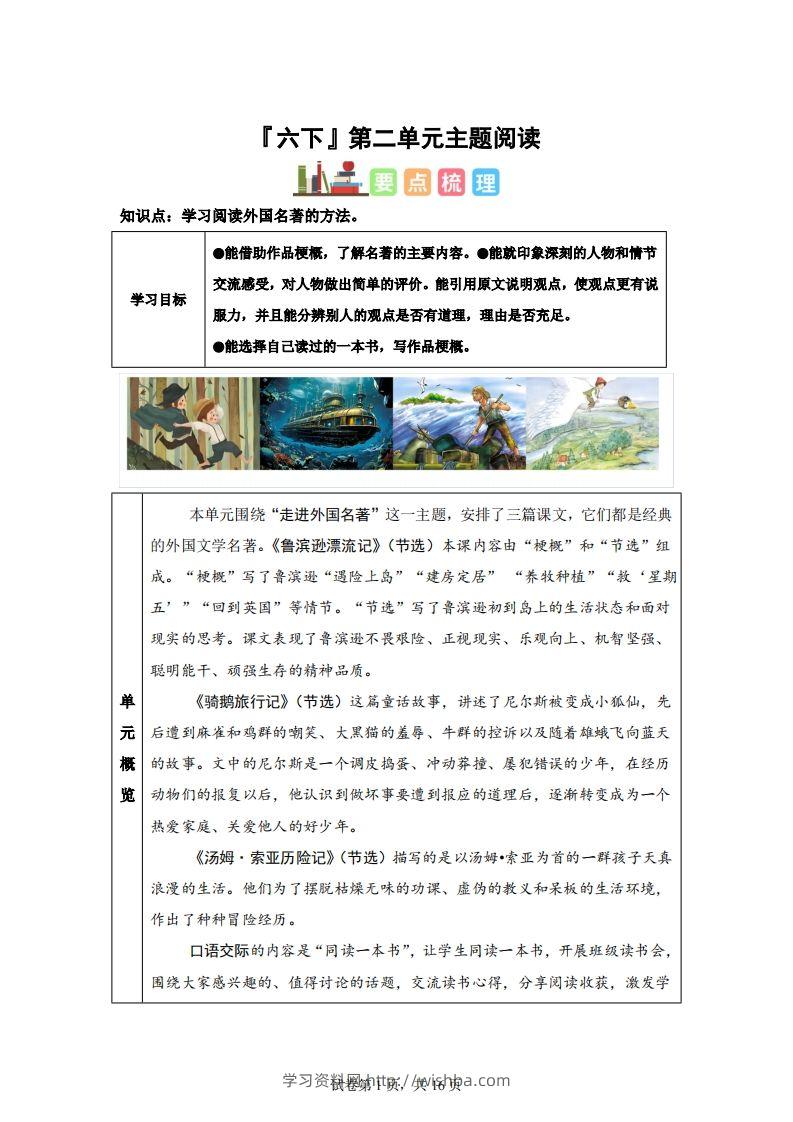 【主题阅读】统编版语文六年级下册第二单元“外国名著”（主题阅读）-学习资料站
