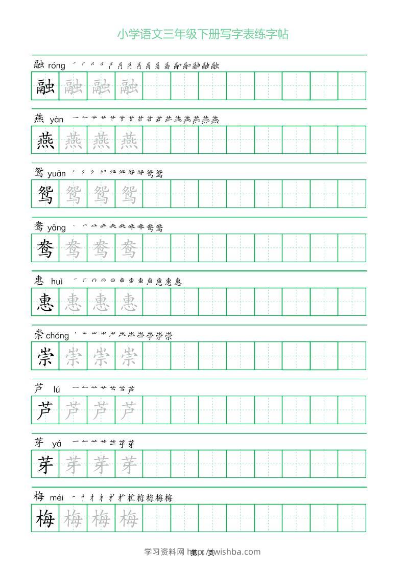 三年级下册语文写字表练字帖（一字三描红）28页-学习资料站