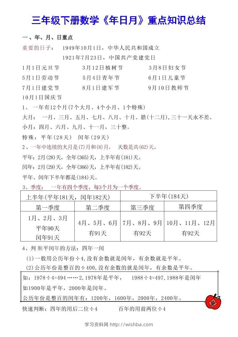 【《年日月》重点知识总结】三下数学-学习资料站