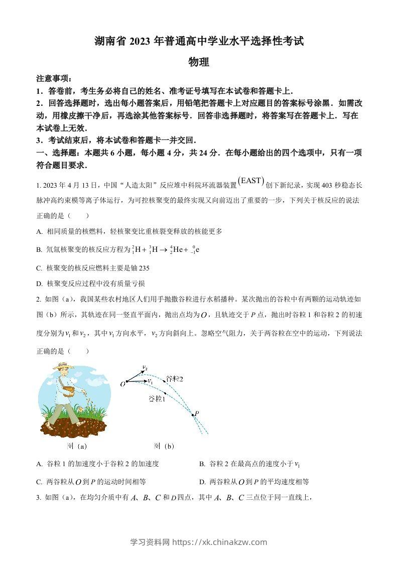 2023年高考物理试卷（湖南）（空白卷）-学习资料站