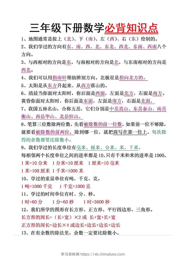 三下数学必背26个重点知识-学习资料站