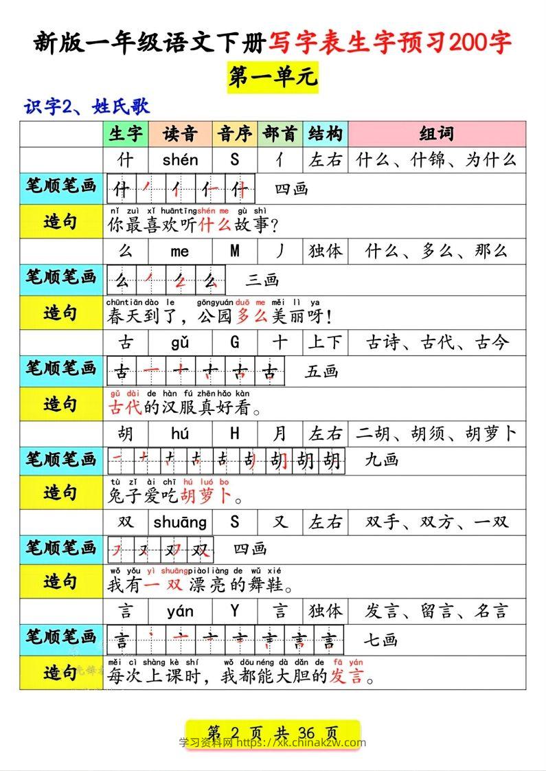 图片[2]-【预习】新版一年级语文下册写字表生字预习200字-学习资料站
