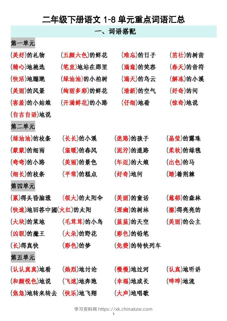 二下语文1-8单元重点词语搭配归纳6页-学习资料站
