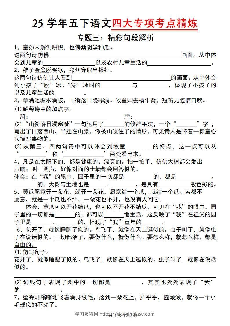 25学年五下语文四大专项考点精炼（专题三：精彩句段解析）-学习资料站