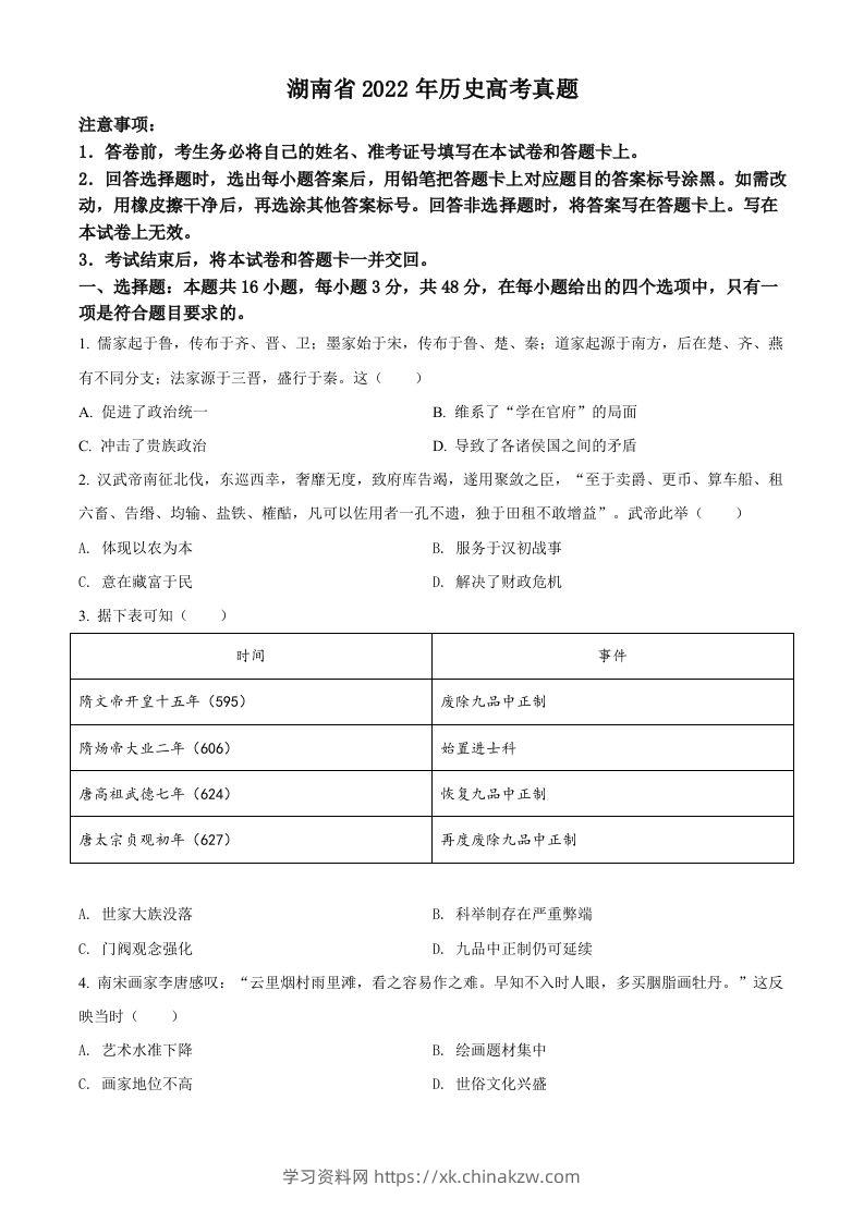 2022年高考历史试卷（湖南）（空白卷）-学习资料站