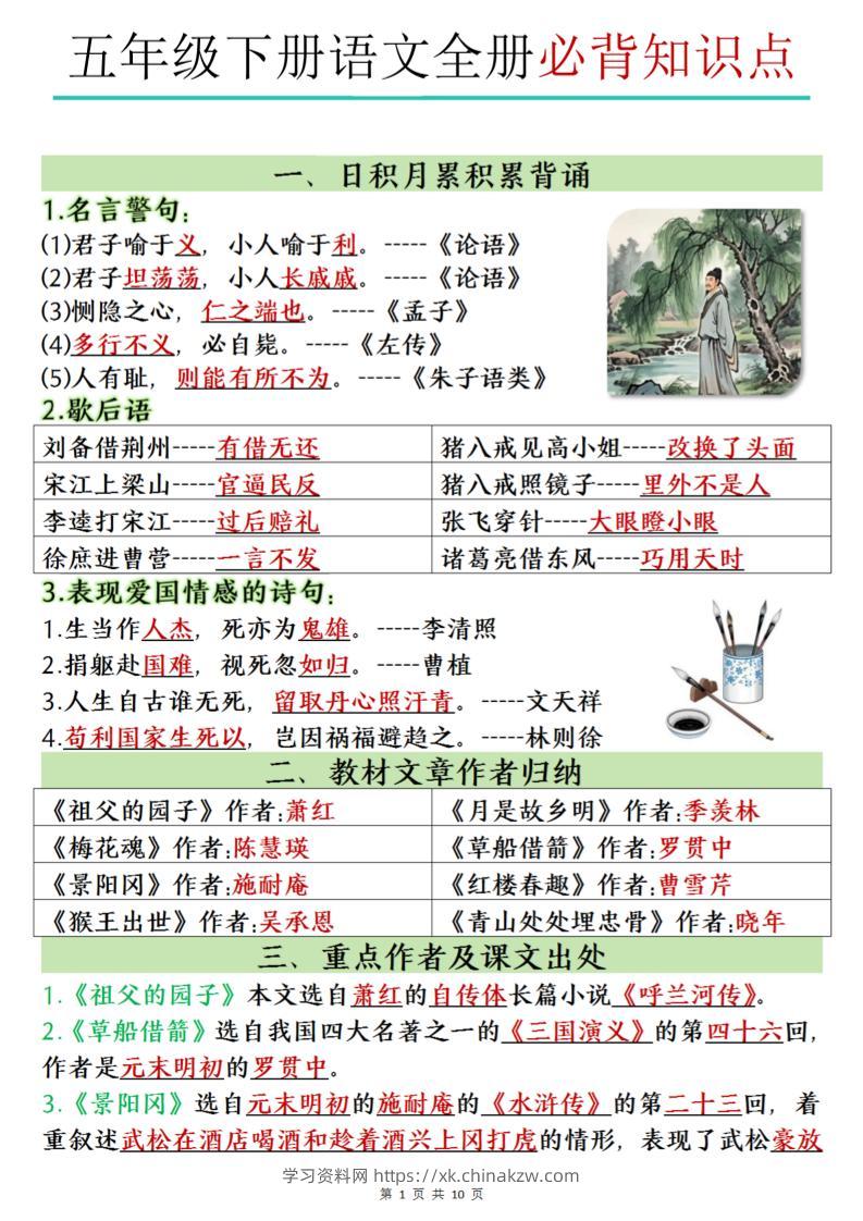 五下语文全册必背知识点-学习资料站