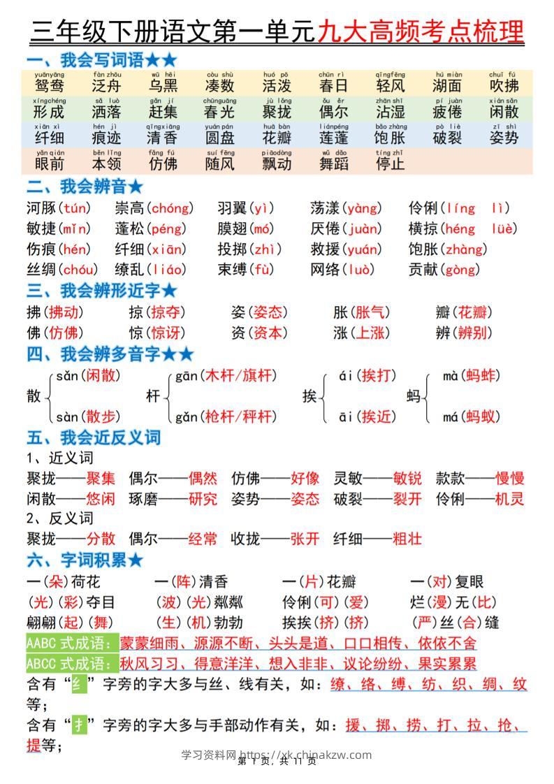 三下语文期中复习1-4单元高频考点梳理（11页）-学习资料站