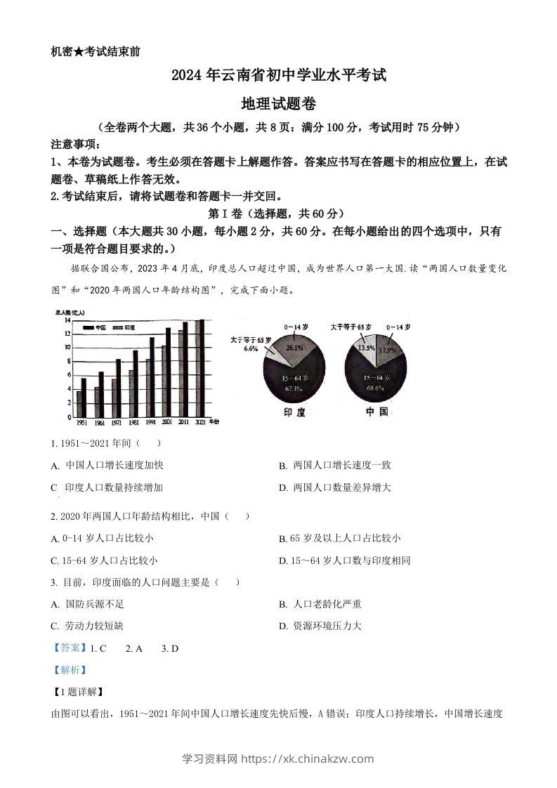 2024年云南省中考地理试题（含答案）-学习资料站