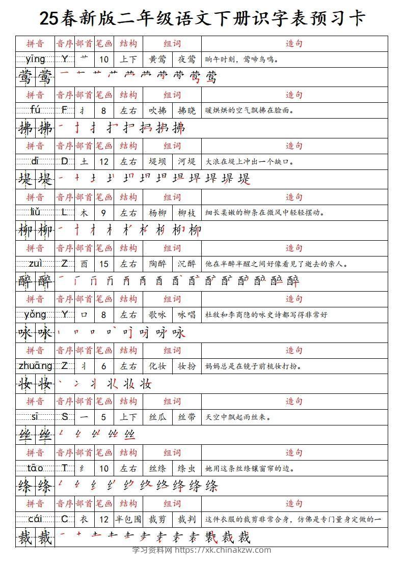 25春新二下语文识字表预习卡（组词造句拼音部首笔画笔顺结构）47页-学习资料站