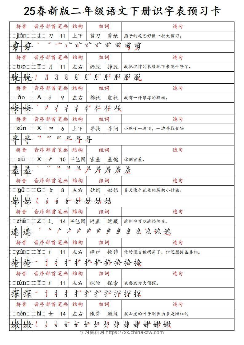 图片[2]-25春新二下语文识字表预习卡（组词造句拼音部首笔画笔顺结构）47页-学习资料站