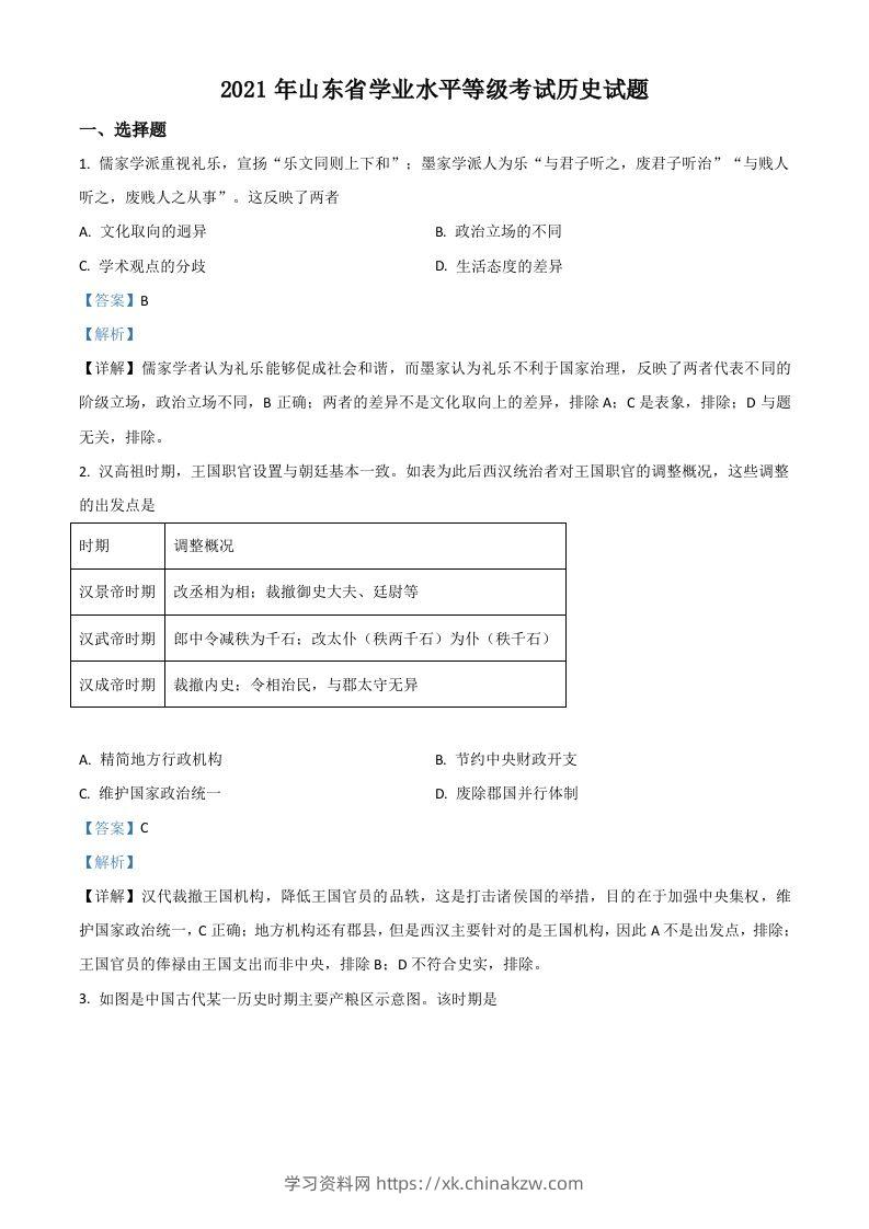 2021年高考历史试卷（山东）（含答案）-学习资料站