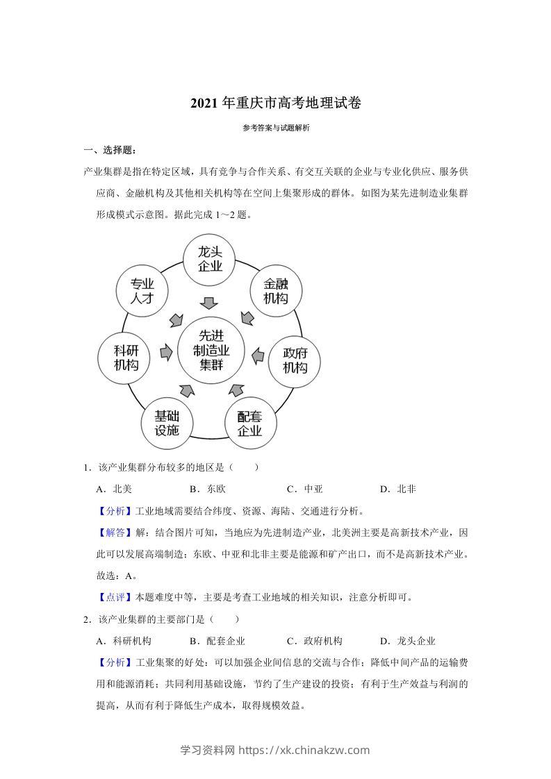 2021年高考地理试卷（重庆）（含答案）-学习资料站