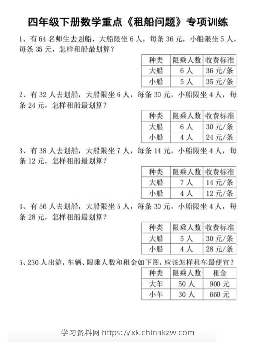 四下数学人教版《租船问题》专项训练-学习资料站