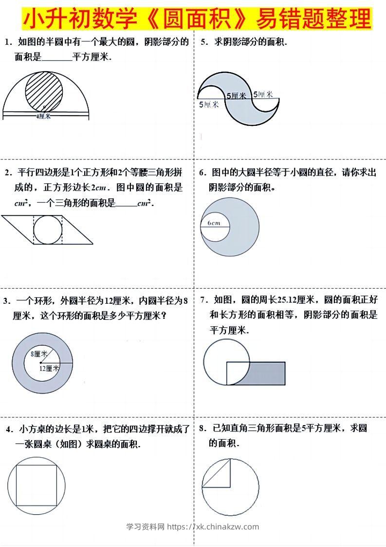小升初数学（圆面积）易错题整理-学习资料站
