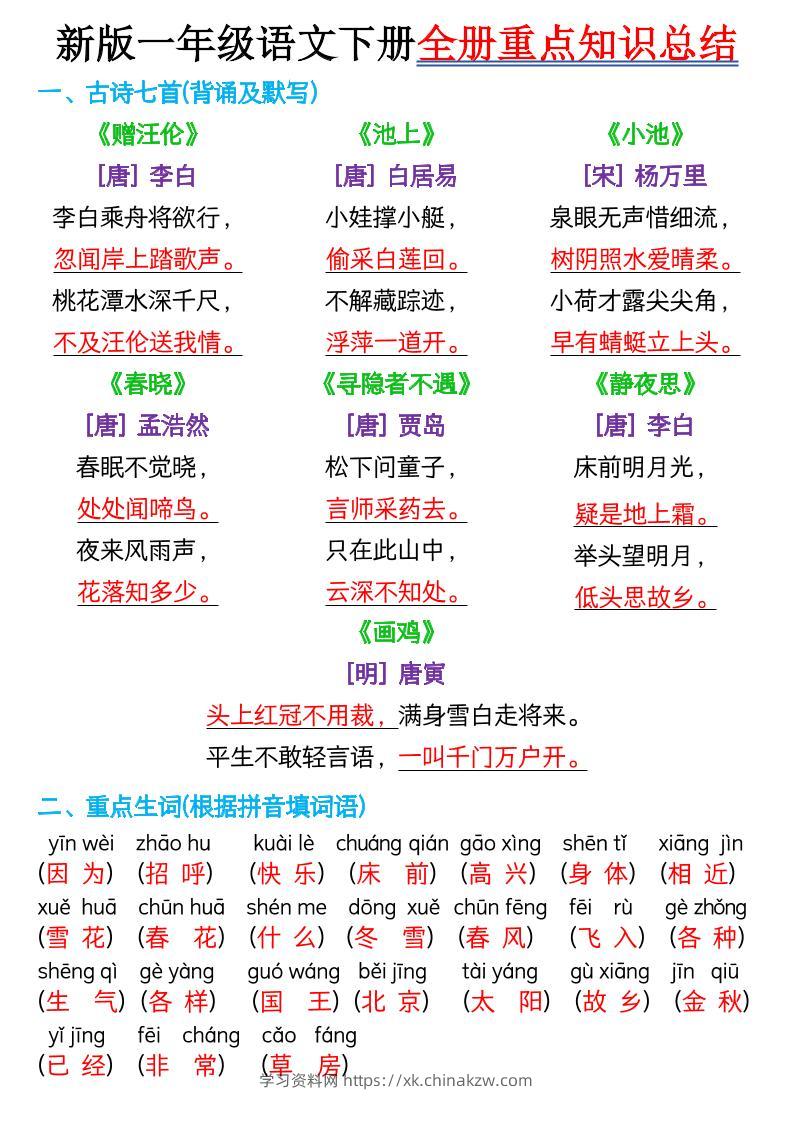 新版一年级语文下册全册重点知识总结-7页-学习资料站
