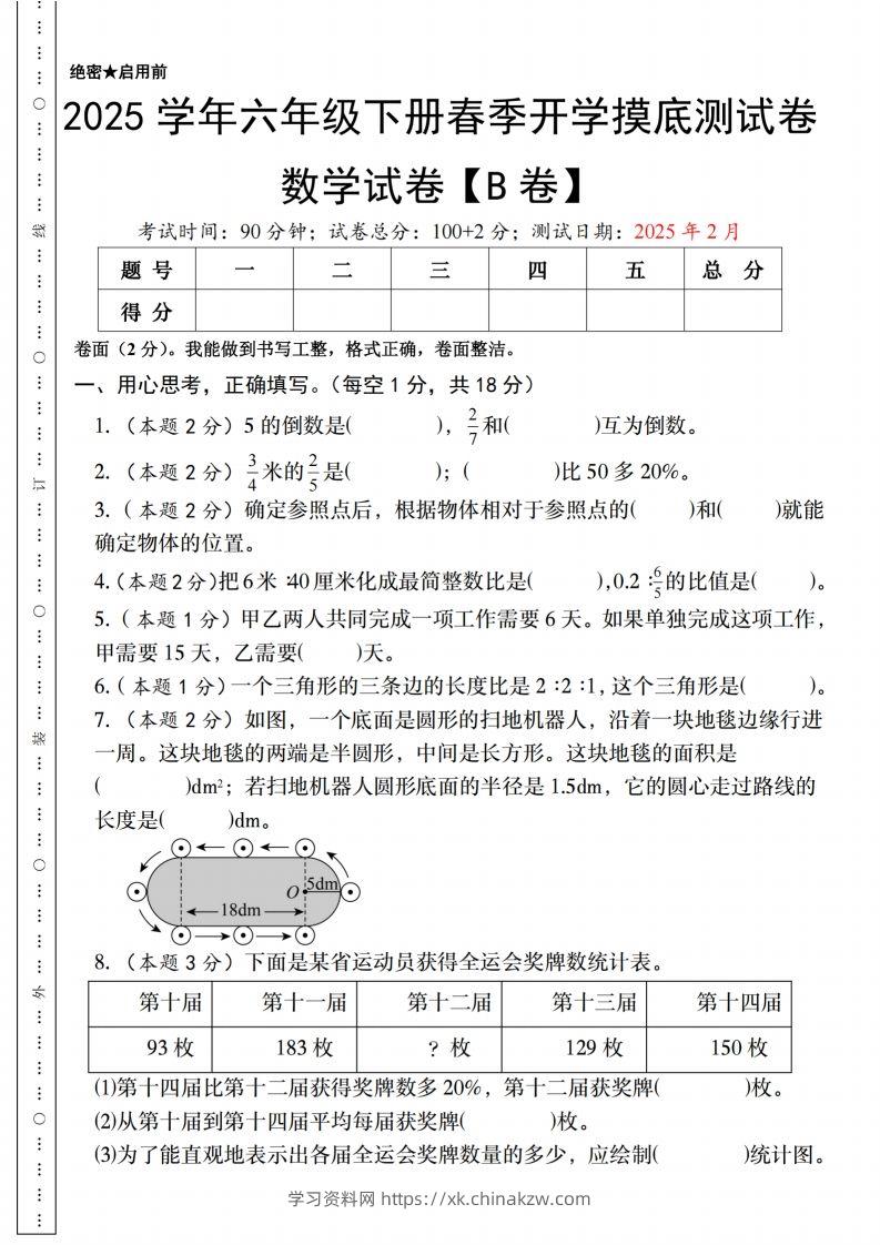 【人教版】2025学年六年级下册春季开学摸底测试卷数学试卷【B卷】-学习资料站