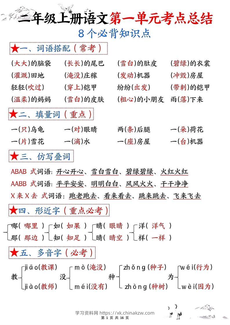二年级上册语文1-8单元考点总结-学习资料站