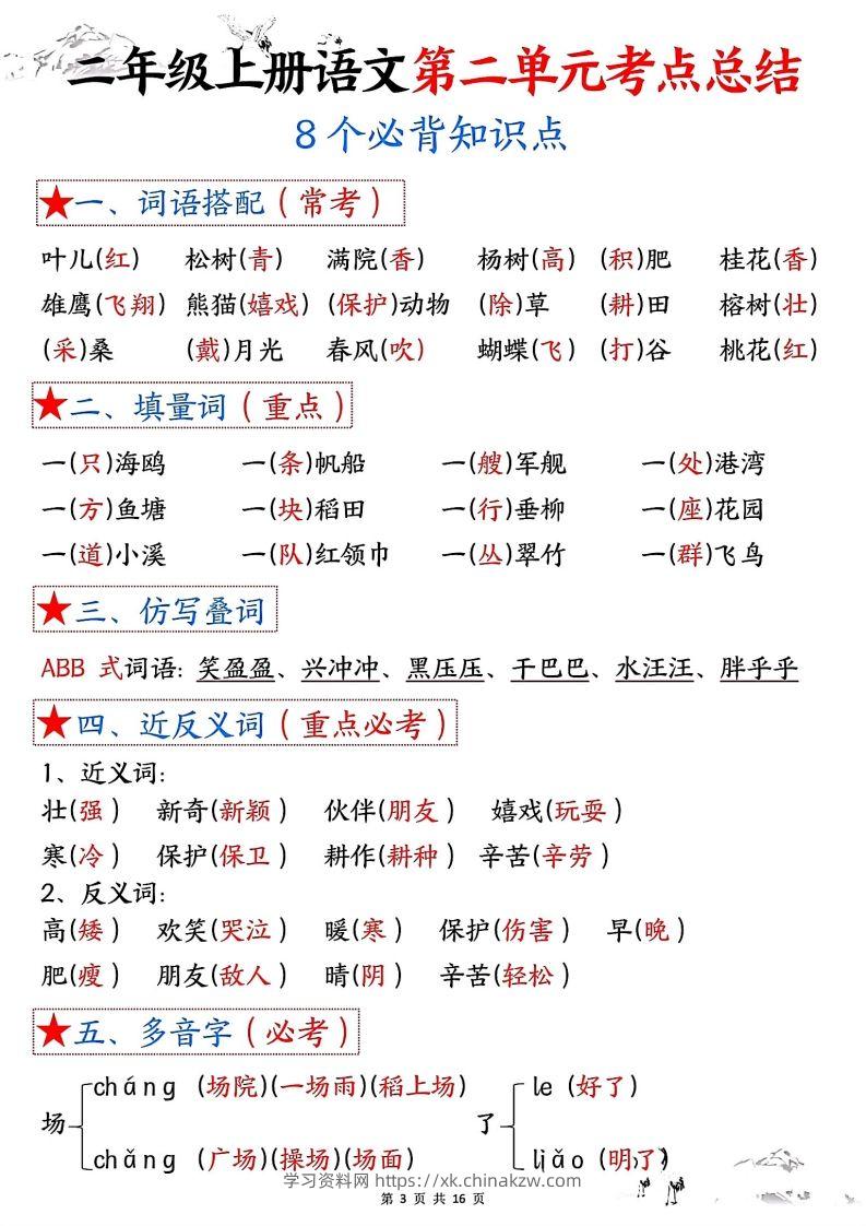 图片[3]-二年级上册语文1-8单元考点总结-学习资料站