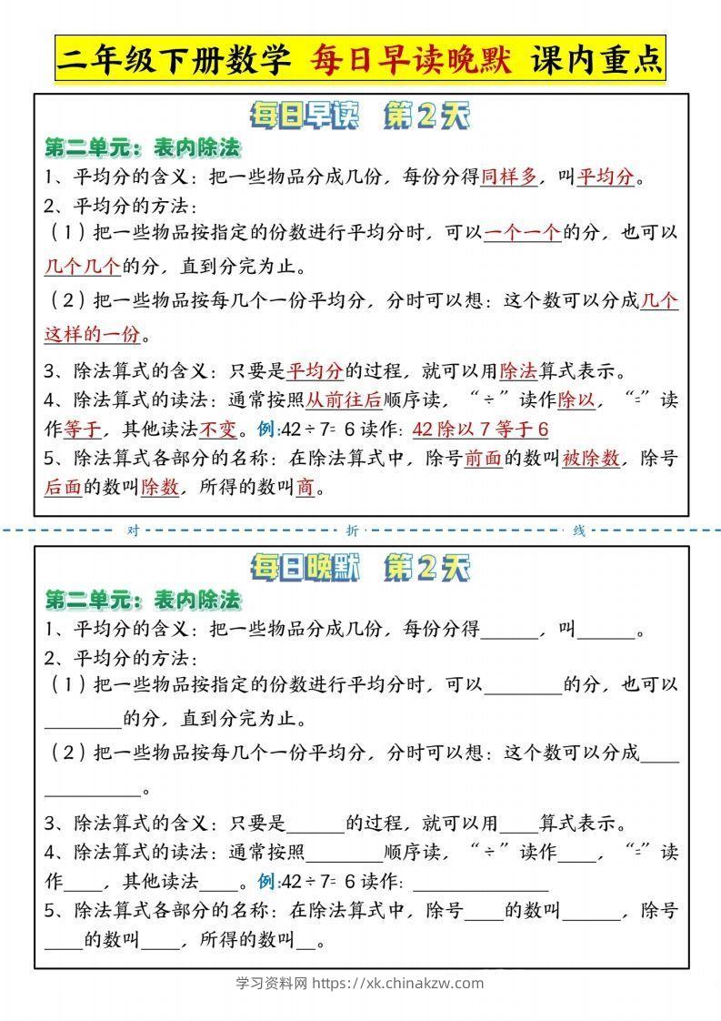 图片[2]-二下人教版数学【每日晨读晚默-重点知识点】-学习资料站