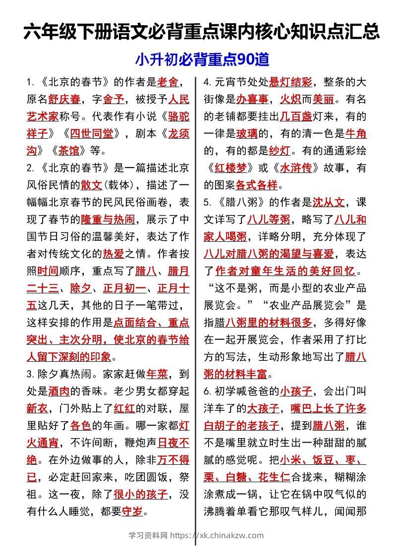 六年级下语文课内必背重点90道-学习资料站