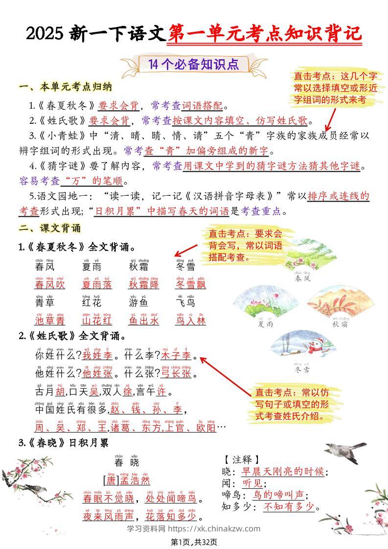 新一下语文1-8单元考点知识背记（32页）-学习资料站