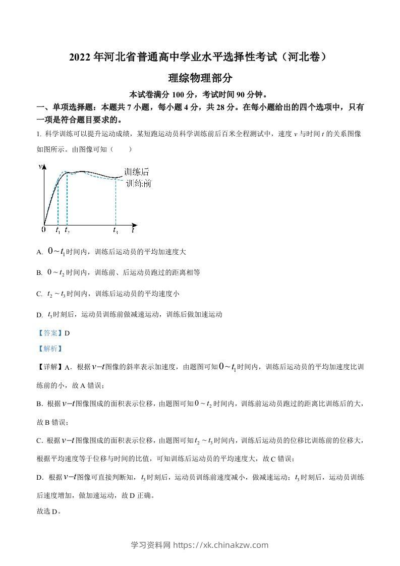 2022年高考物理试卷（河北）（含答案）-学习资料站