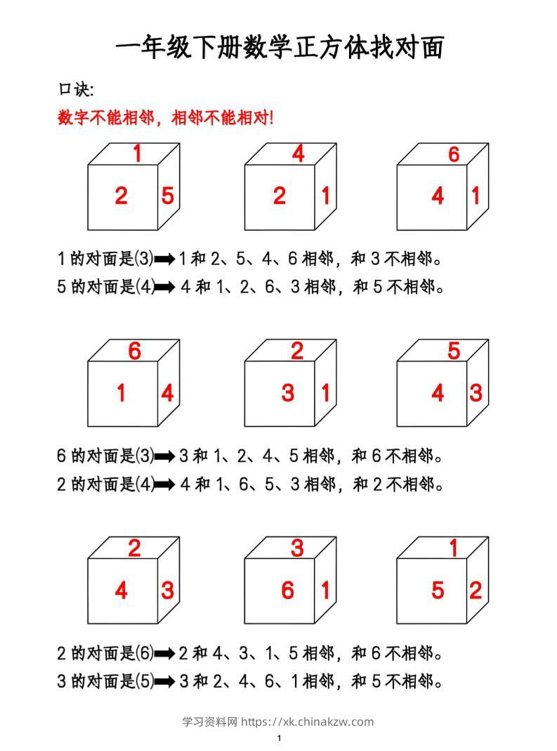 一年级下册数学正方体找对面-学习资料站
