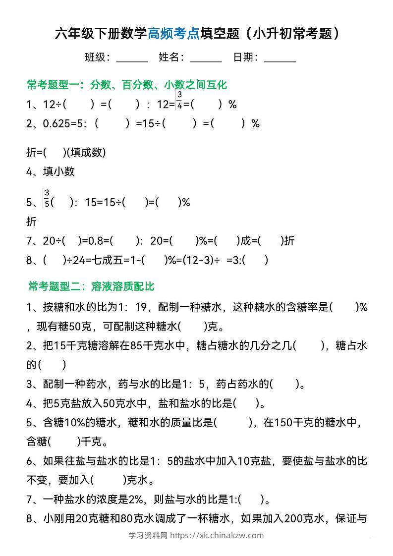 六年级下册数学高频考点填空题（小升初常考题）-学习资料站