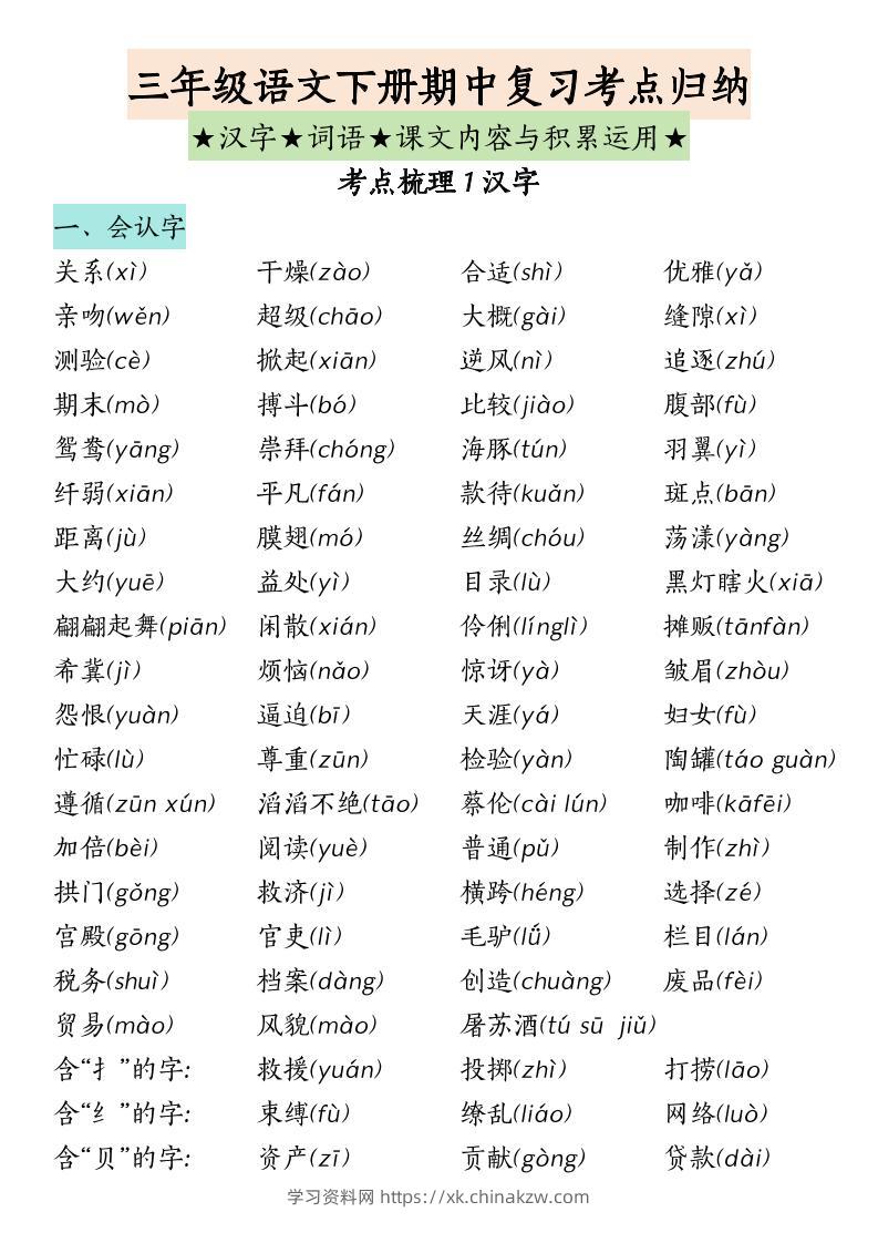 三下语文期中复习（汉字★词语★课文内容与积累运用）-学习资料站