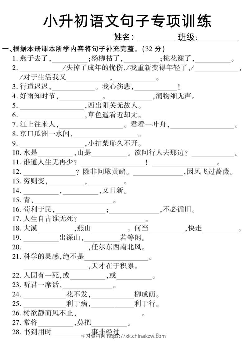 六下小升初语文句子专项训练-学习资料站