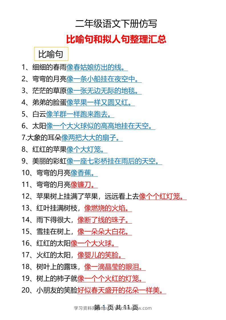 二年级下册语文仿写拟人比喻句整理汇总12页-学习资料站