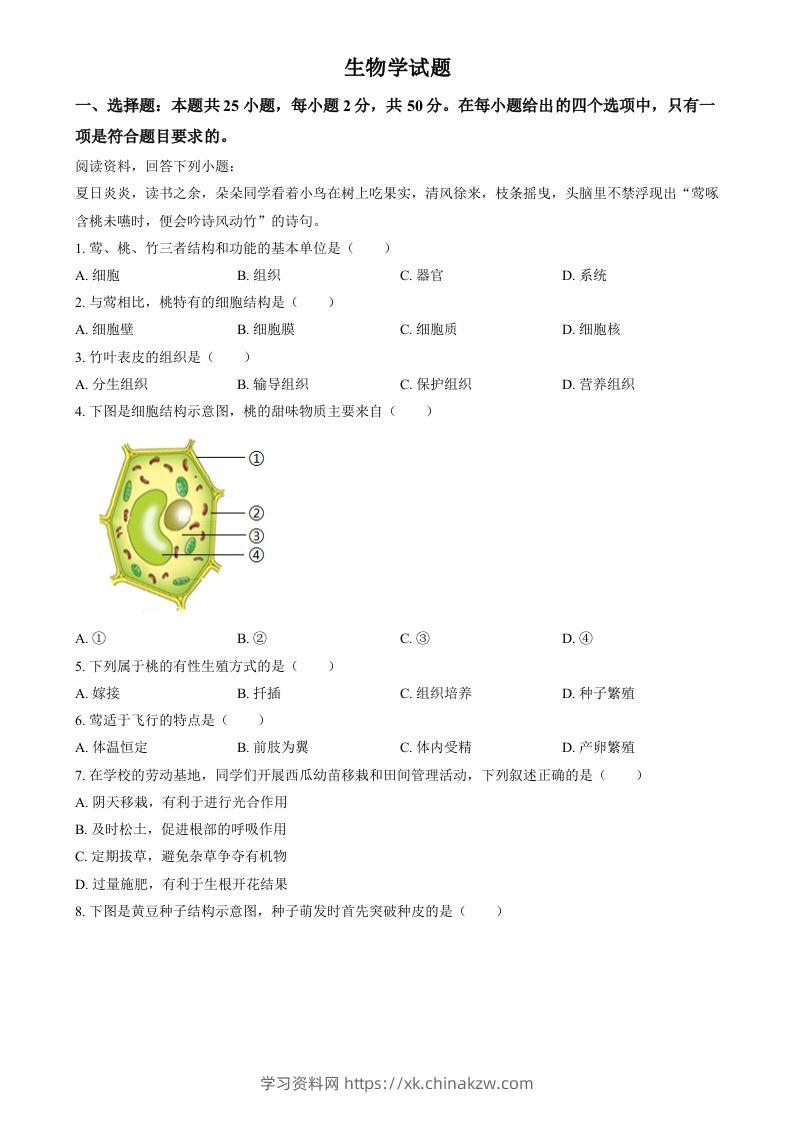 2024年福建省中考生物试题（空白卷）-学习资料站