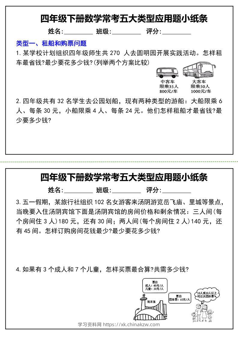 四下数学常考五大类型应用题小纸条-（通用版）-学习资料站