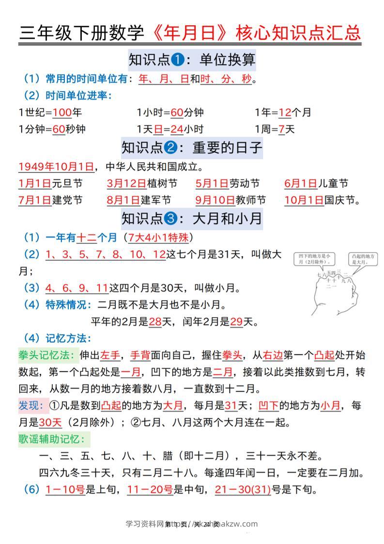 三下数学《年月日》核心知识点汇总+计算技巧+六大考点必刷题（练习+答案24页）-学习资料站