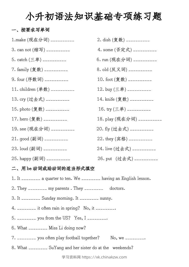 《小升初语法知识基础专项练习题》教科版-学习资料站