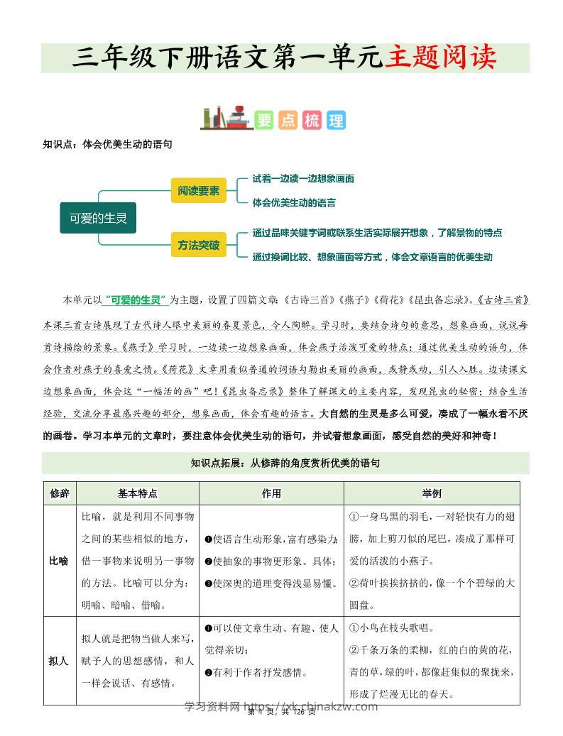 三下语文1-8单元《主题阅读》知识梳理+精选阅读理解（含答案126页）-学习资料站