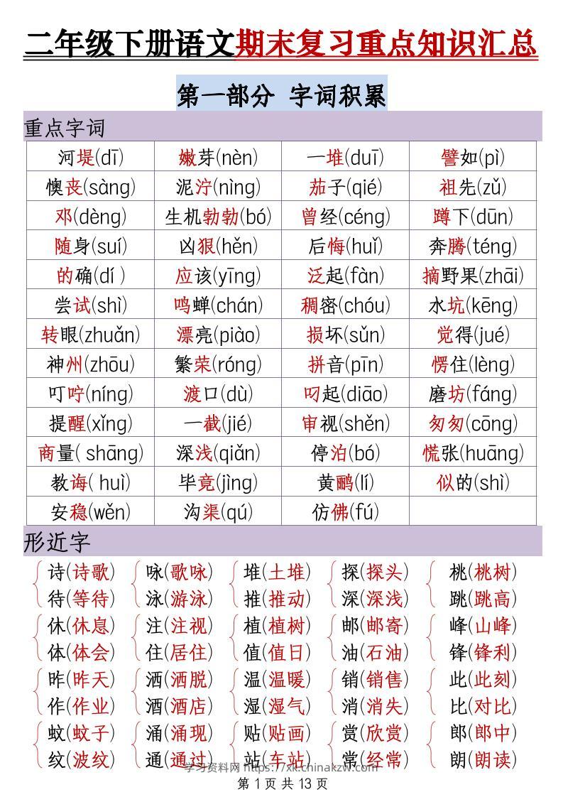 二下语文期末复习重点知识汇总（13页）-学习资料站