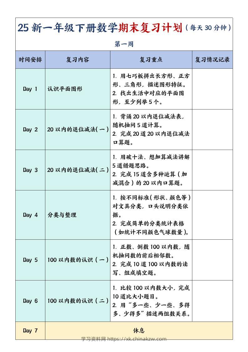 一下数学【期末复习计划】-学习资料站