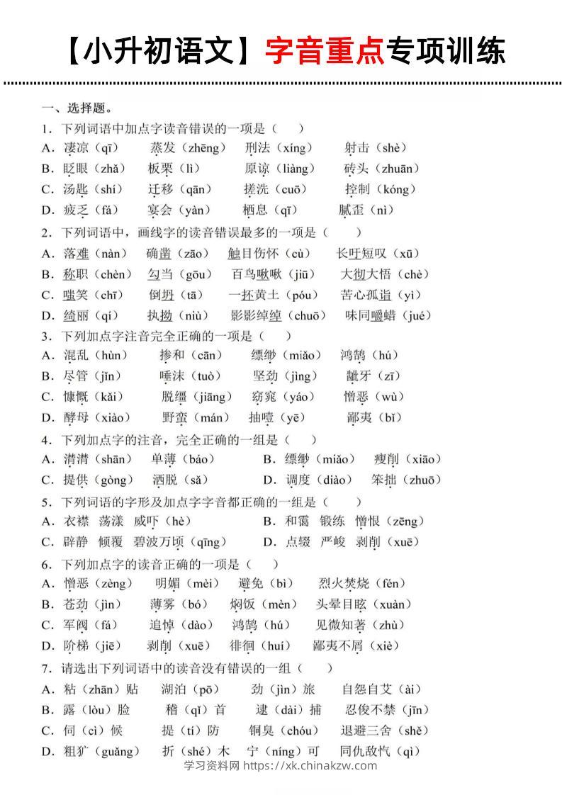《小升初语文字音重点专项训练》-学习资料站