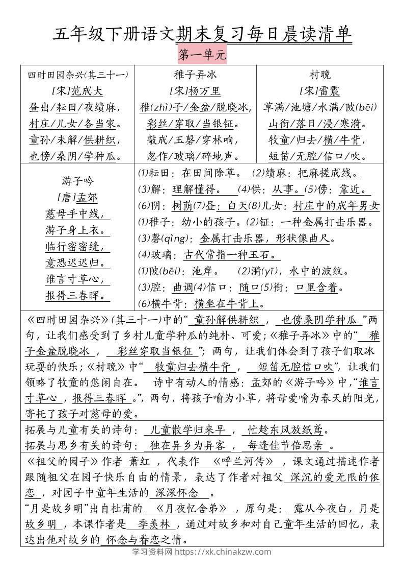 五下语文期末复习每日晨读清单-学习资料站